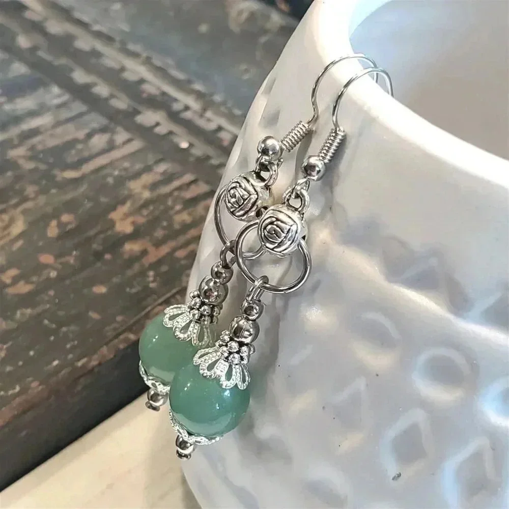 Green Malaysian Jade Gemstone Lacy Trim Silver Carved Rose Handcrafted Earrings